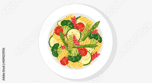 Vibrant Vegetarian Pasta Dish with Assorted Fresh Vegetables on White Plate