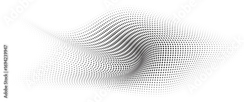 Flowing Wave Dot Halftone Pattern: Curve Gradient Shape on Transparent Background. Suitable for AI, Tech, Network, Digital, Science, and Technology Themes.
