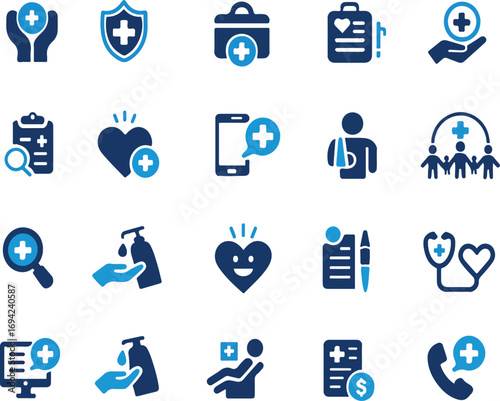 Healthcare icon set. Containing treatment, prevention, medical, health, diagnosis, report, illness, injury and more. Solid vector icons collection. 