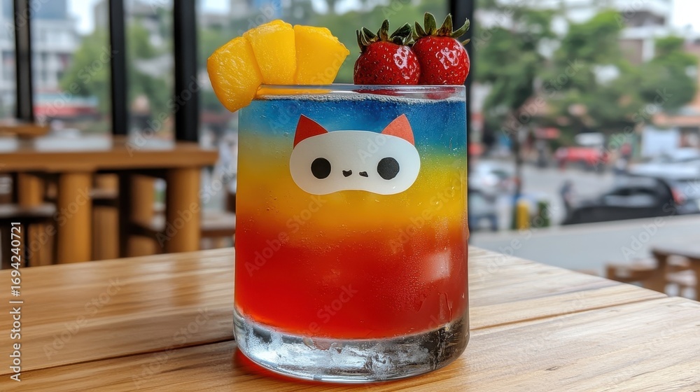 Obraz premium Colorful Layered Drink with Cute Cat Sticker and Fresh Fruit Garnish