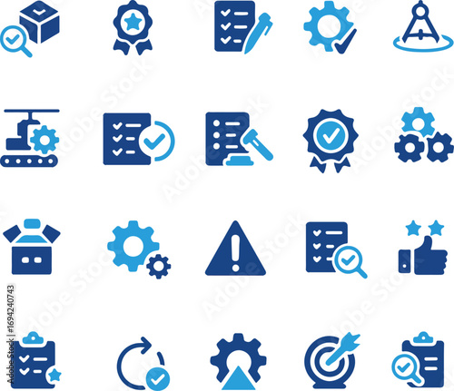 Quality control icon set. Containing inspection, evaluation, product, quality assurance, process, testing and more. Solid vector icons collection.