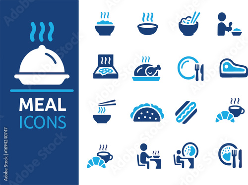 Meal icon set. Containing food, lunch, eat, dinner, pasta, rice, pizza, salad, soup, breakfast and more. Vector solid icons collection.