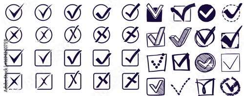 Check mark icon in hand drawn style. Handmade doodle vector illustration on isolated background. Cross, circles, arrow mark sign business concept