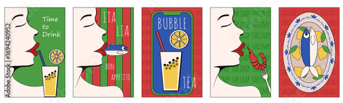 Amalfi food poster set. Vector illustration of Italy woman portrait Sardines shrimp lemon bubble tea. Perfect food poster postage stamp Dolce vita art collection. EPS 10