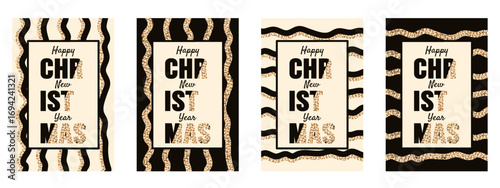 Luxury Merry Christmas and Happy New Year greeting poster cover set. Vector illustration of Luxury Glitter tinsel Christmas Stripe card background collection. Trendy Striped XMAS poster. EPS 10 
