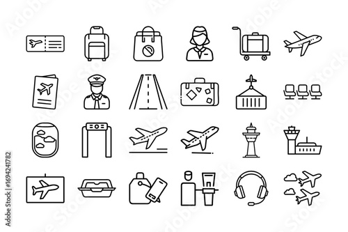 Airports & Flights Vector Icon Set. Airplanes, Terminals, Runways, Luggage, Boarding Passes, Pilots, Flight Travel, Aviation, Travel Icons and More. Editable Stroke. Vector Illustration.