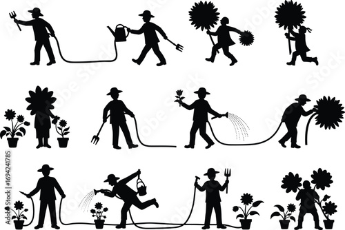 Silhouette Gardeners Watering and Growing Flowers with Tools – Farming, Plant Care, Horticulture and Gardening Vector Illustration Set