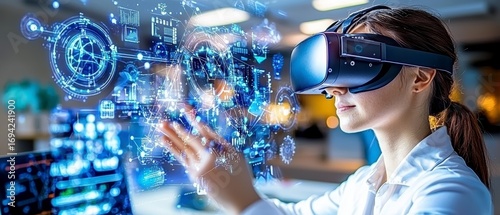Woman using VR headset for data analysis.