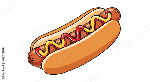 An appetizing cartoon hot dog illustration with mustard and ketchup in a freshly baked bun, perfect for summer picnics