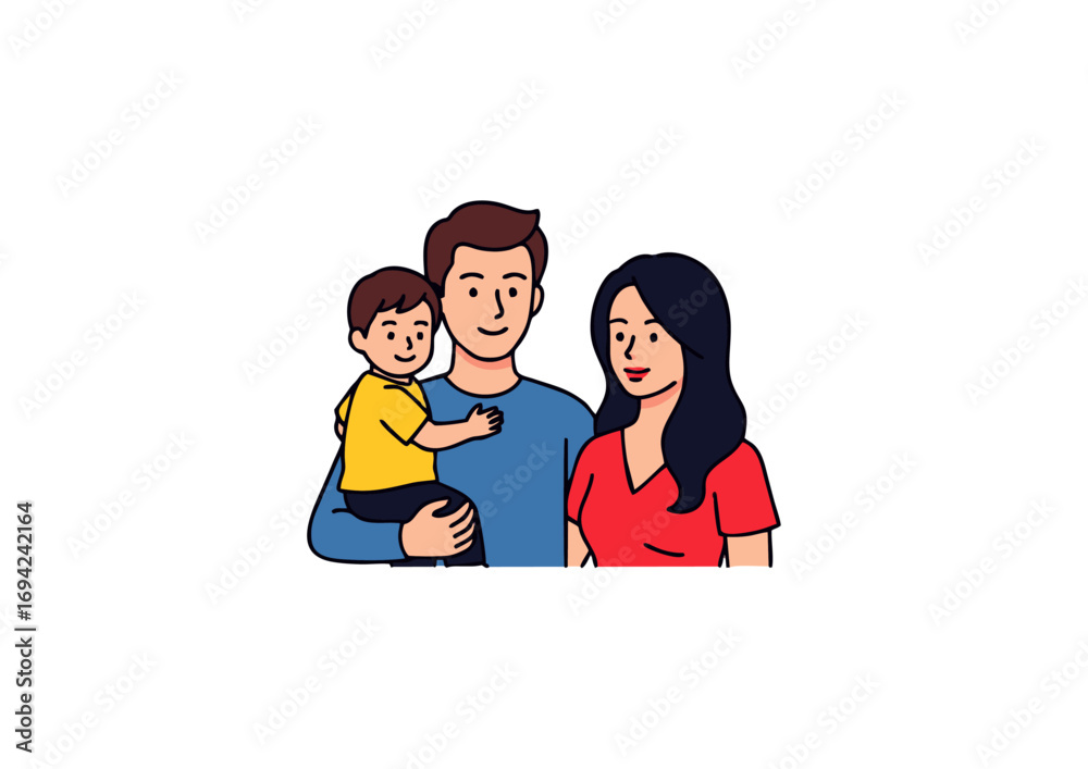 Fototapeta premium icon of father carrying child while mother stands beside