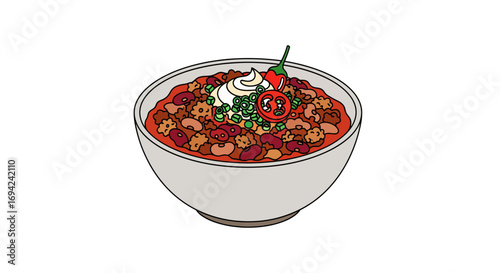 Bowl of hearty chili with beans, ground meat, and toppings like sour cream, tomato, and green onions illustration
