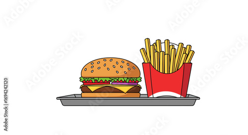 Cartoon burger with sesame bun and french fries in a red container on a tray illustration