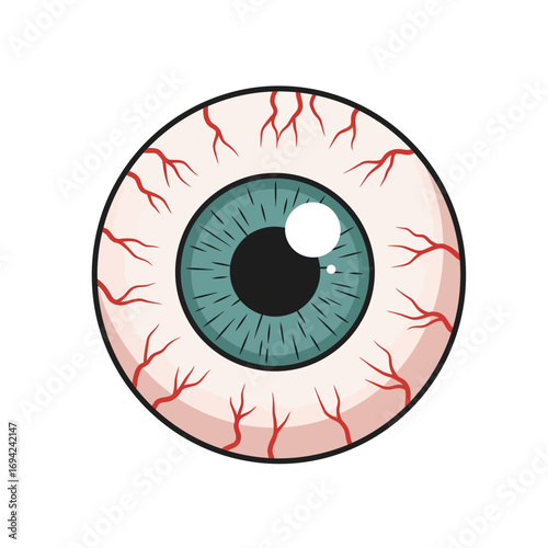 Cartoon eyeball illustration with blood vessels showing redness and a blue iris creating a spooky and intense gaze for halloween.