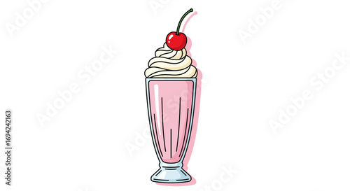 Cartoon style strawberry milkshake with whipped cream and cherry on top illustration for dessert lovers