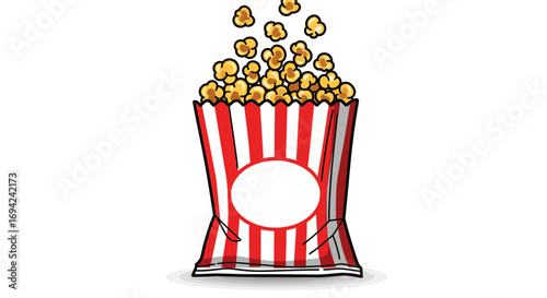 Cartoon popcorn overflowing from a red and white striped bag creating a fun and inviting snack illustration for movie night