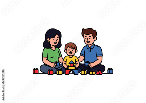 mom, dad, and child playing with blocks