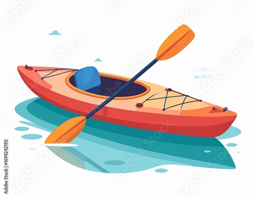Orange kayak floats on calm blue water with paddle resting across the cockpit, creating a peaceful scene of outdoor recreation and adventure.