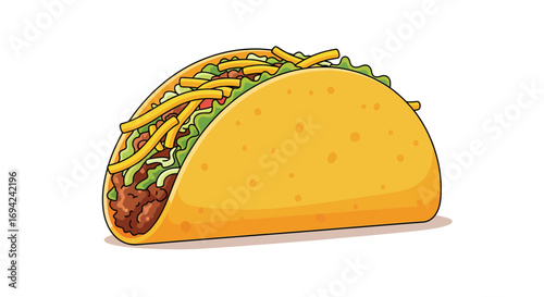 Cartoon taco illustration with meat, lettuce, tomato, and cheese in a crispy shell for festive designs
