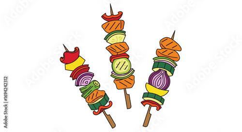 Colorful vegetable skewers illustration with grilled zucchini, pepper and onion on wooden sticks for healthy eating