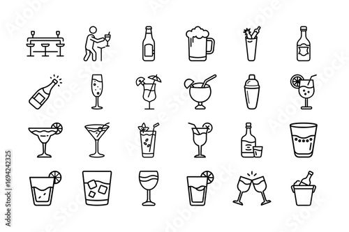 Bar & Cocktails Vector Icon Set. Wine, Beer, Spirits, Cocktail Glasses, Shakers, Mixology, Drinks, Happy Hour, Bartender Tools and More. Editable Stroke. Vector Illustration.