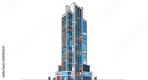 Contemporary architectural illustration of a high-rise building with blue and orange accents against a bright white background