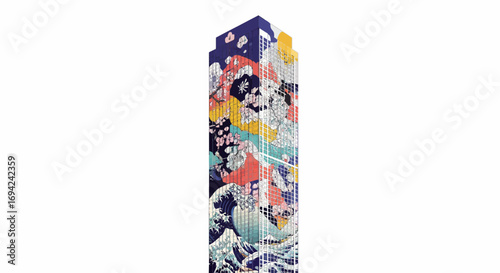 Contemporary skyscraper design features a vibrant Japanese art inspired mural facade with wave and floral motifs in an urban setting