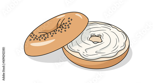 Delicious bagel with cream cheese illustration, featuring a cut bagel half with sesame seeds for a tasty breakfast treat