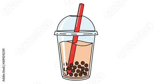 Delicious boba tea illustration with tapioca pearls in a clear plastic cup and a red straw, perfect for summer refreshment