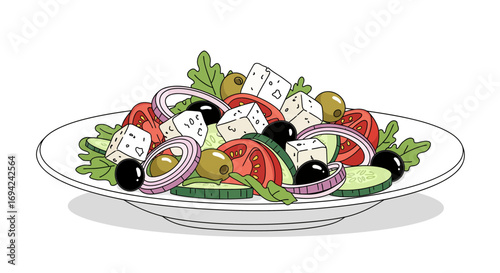 Delicious Greek salad with fresh vegetables and feta cheese on a plate ready to eat for lunch or dinner