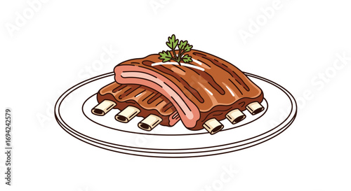 Delicious grilled ribs on a white plate with garnish, a culinary delight for food enthusiasts and barbecue lovers
