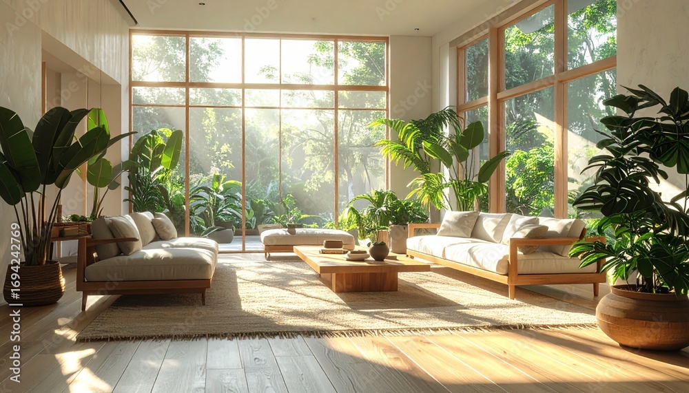 Fototapeta premium Spacious living room interior with white wooden sofas, low wooden table, large rug, and tropical green plants near tall glass windows. Afternoon sunlight creates a warm and natural atmosphere