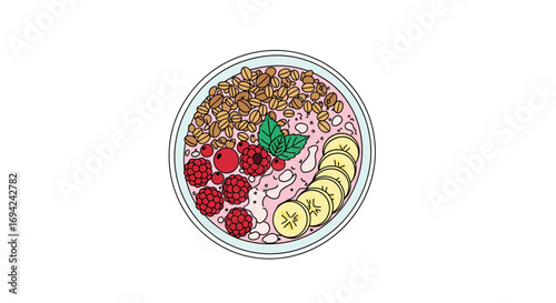 Delicious smoothie bowl with fresh raspberries, banana slices, granola, and mint leaves for a healthy breakfast or snack option