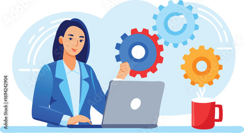 Businesswoman works with technology on her laptop