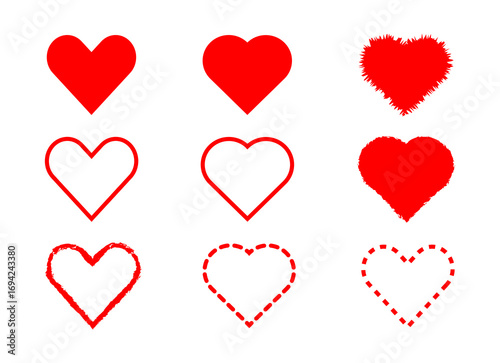 set of red hearts in various style love shape icon for valentine's day wedding card design 