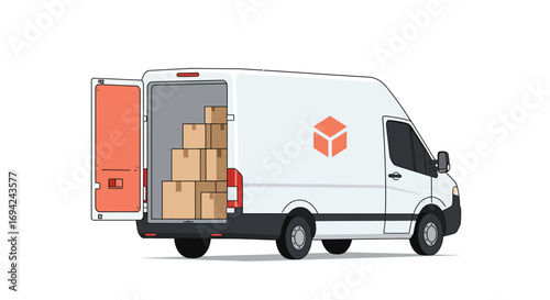 Delivery van with open back door and boxes isolated on white background the van is white with red logo, ready for transport and fast delivery