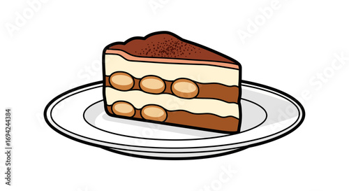 Delicious tiramisu slice on a plate illustration tempting dessert with cocoa powder and ladyfingers for dessert lovers
