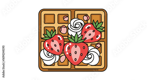 Delicious waffle topped with fresh strawberries and whipped cream for a sweet treat experience, perfect for breakfast and dessert