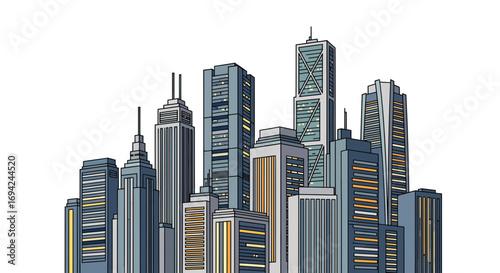 Detailed vector illustration of a modern city skyline with tall buildings and skyscrapers against a clean white background