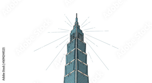 Detailed illustration of a towering skyscraper against a crisp white backdrop radiating light beams, showcasing modern architectural design