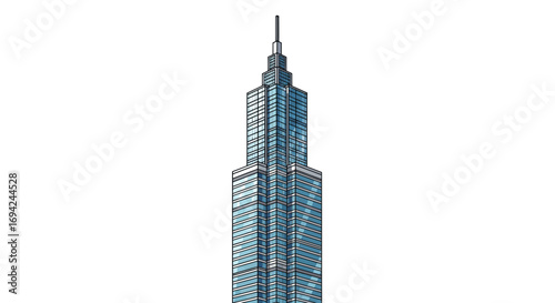 Detailed vector illustration of a modern skyscraper with reflective glass windows and a sleek spire reaching high into the sky
