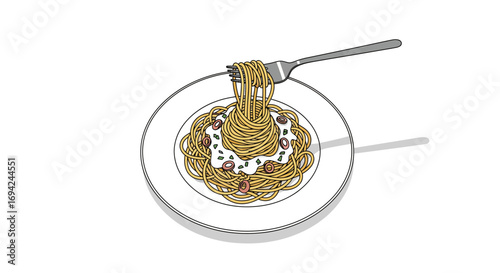 Elegant spaghetti dish with creamy sauce and olives lifted by a fork in a clean, minimalist vector illustration