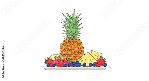 Fresh fruit platter illustration featuring pineapple, strawberries, blueberries, and lemon slices for healthy eating