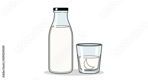 Fresh milk illustration featuring a full bottle and a glass with a crescent moon reflection, conveying purity and health