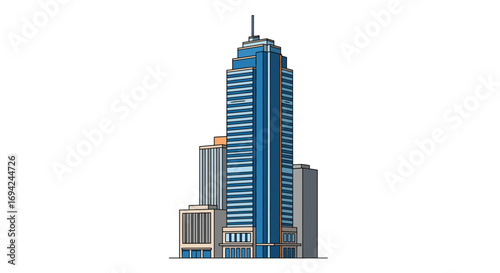 Illustrated cityscape featuring a towering skyscraper with modern architectural design surrounded by smaller buildings in a clean vector style