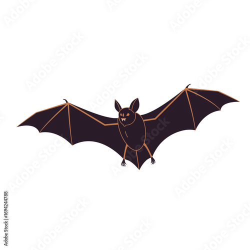 Illustration of a Halloween bat with spread wings and sharp fangs in a dark color scheme, suitable for spooky designs and holiday themes
