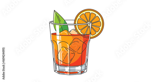 Illustration of a refreshing aperol spritz cocktail in a glass with ice cubes and an orange slice garnish perfect for summer vibes