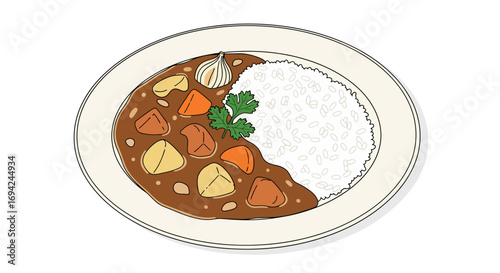 Illustration of Japanese curry rice with meat, potatoes, carrots, and rice on a plate, offering a comforting and delicious meal