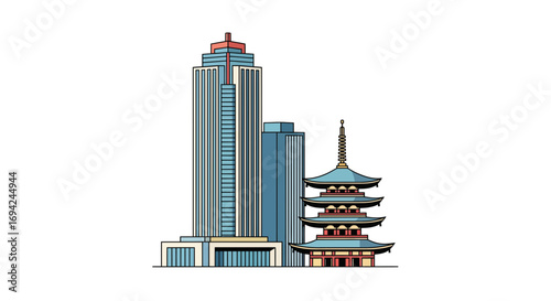 Modern architecture blends with traditional pagoda in an urban landscape, showcasing cultural harmony and architectural contrast