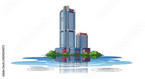 Modern buildings reflected in water with ripples, creating a serene urban oasis illustration vector