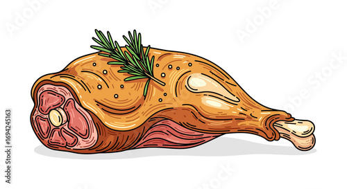 Roasted ham hock illustration with rosemary sprig and seasonings, featuring detailed vector artwork and a delicious, appetizing appearance